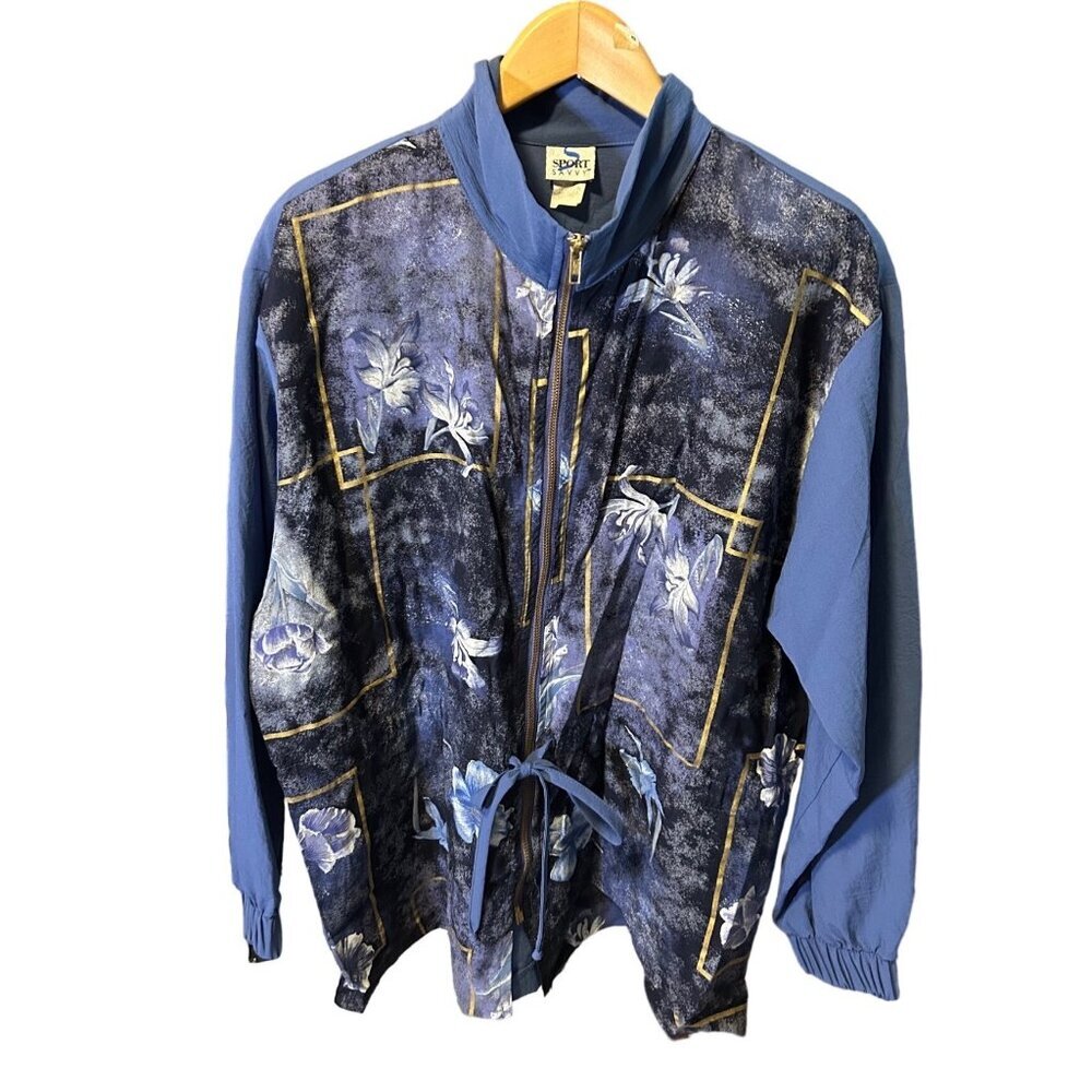 Vintage Sport Savvy Floral Zip Up Jacket With Drawstring Ribbed Cuffs Sz PL